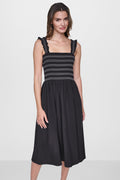 SLEEVELESS SMOCKED MIDI A-LINE DRESS