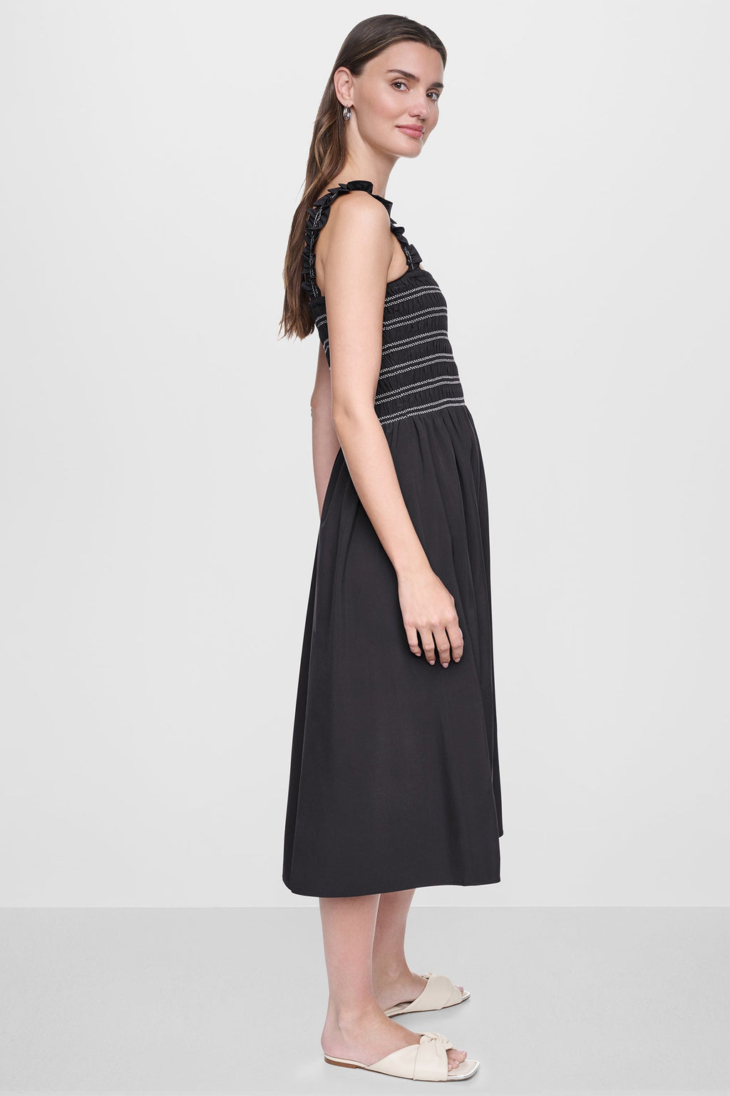 SLEEVELESS SMOCKED MIDI A-LINE DRESS