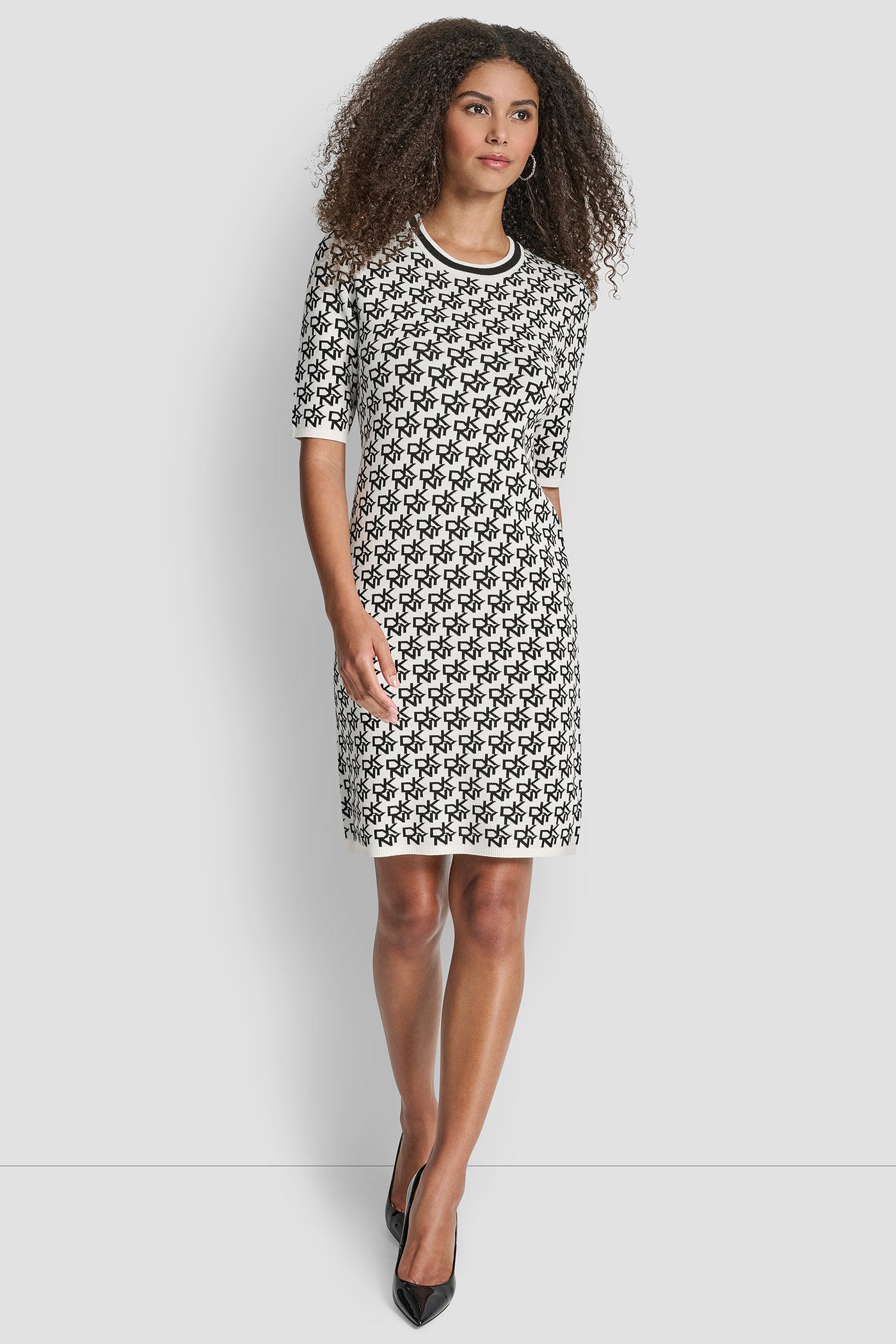 SHORT SLEEVE LOGO INTARSIA SWEATER DRESS