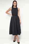 SLEEVELESS GATHERED MIDI A-LINE DRESS