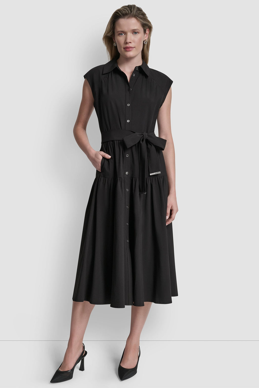 CAP SLEEVE FIT & FLARE MIDI SHIRT DRESS