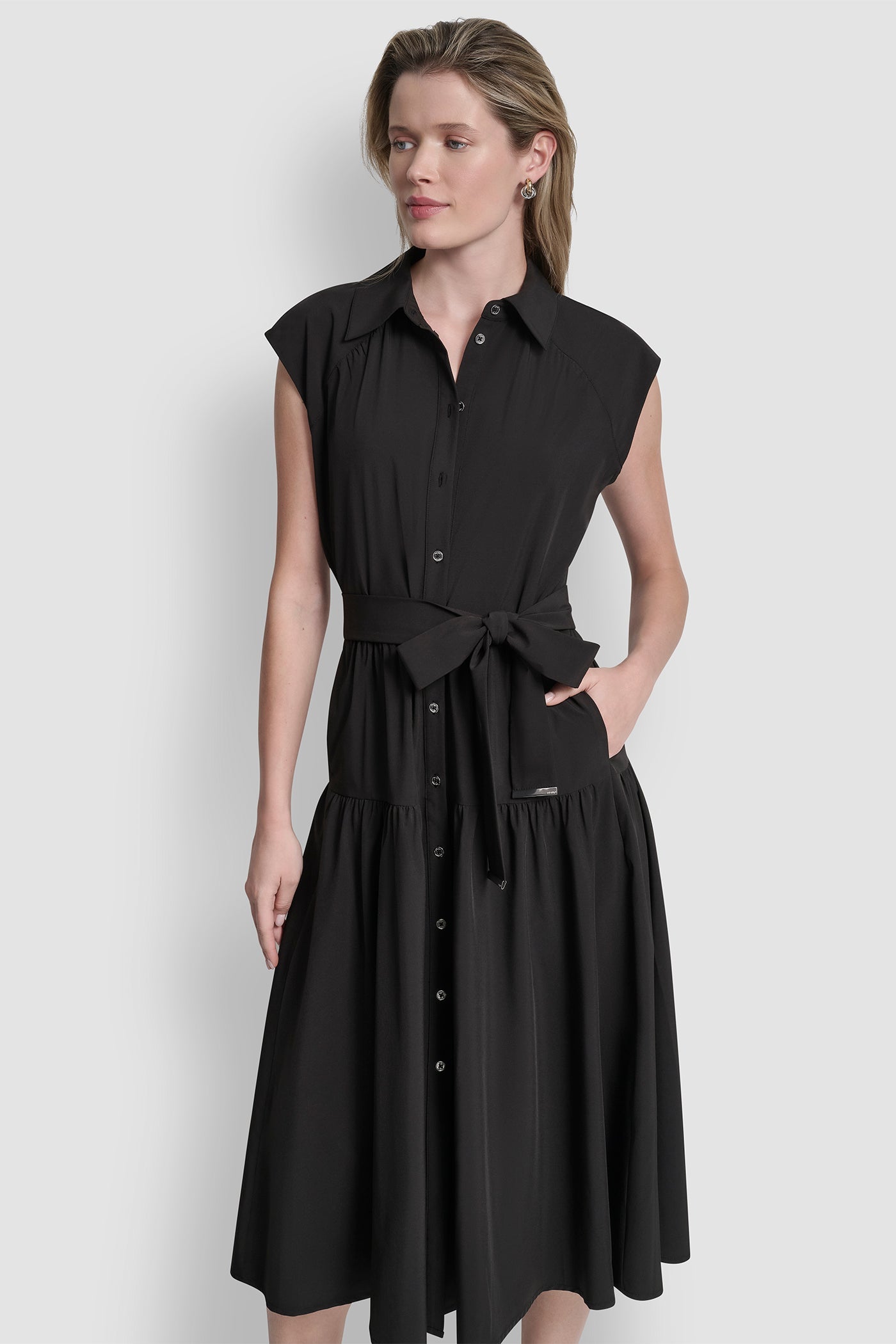 CAP SLEEVE FIT & FLARE MIDI SHIRT DRESS