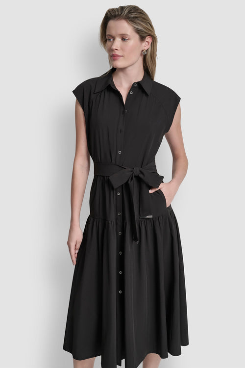 CAP SLEEVE FIT & FLARE MIDI SHIRT DRESS