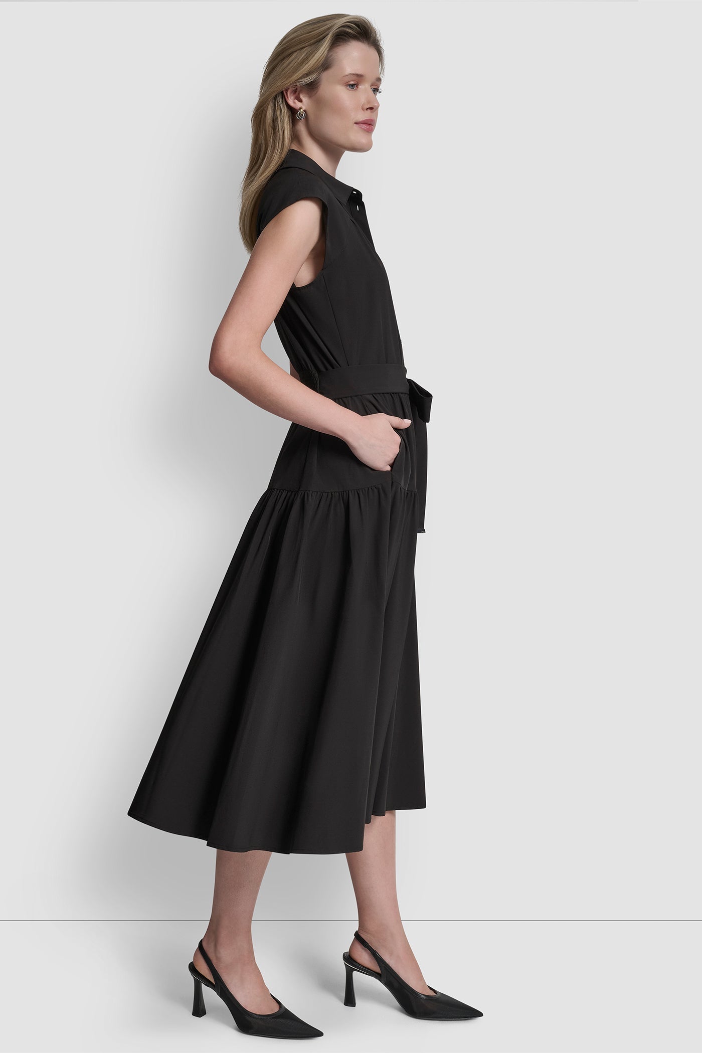 CAP SLEEVE FIT & FLARE MIDI SHIRT DRESS