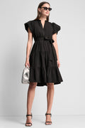 PUFF SLEEVE V-NECK FIT & FLARE DRESS
