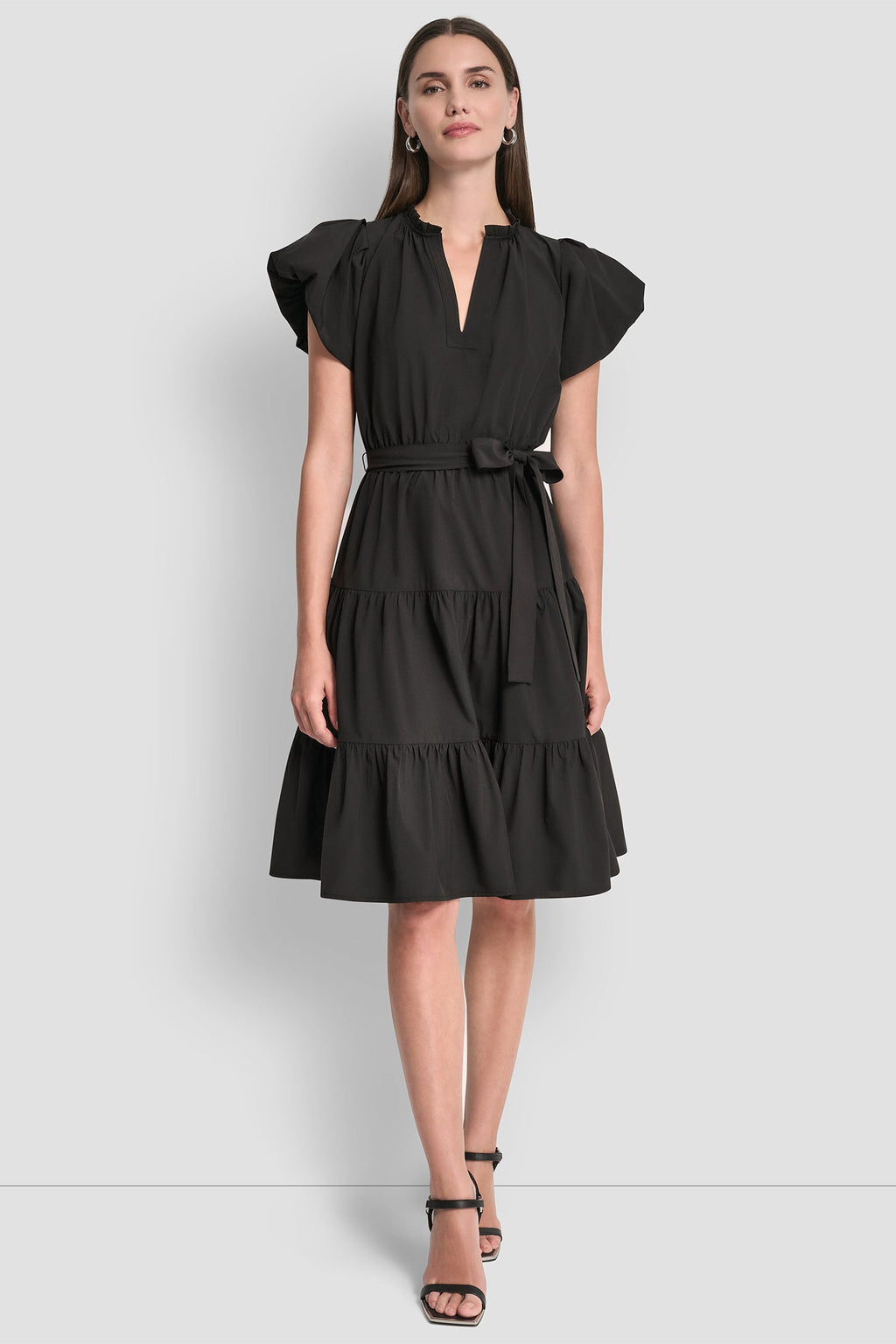 PUFF SLEEVE V-NECK FIT & FLARE DRESS