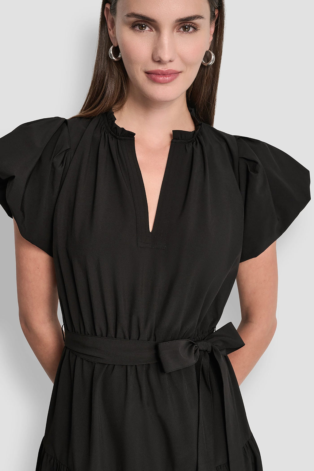 PUFF SLEEVE V-NECK FIT & FLARE DRESS