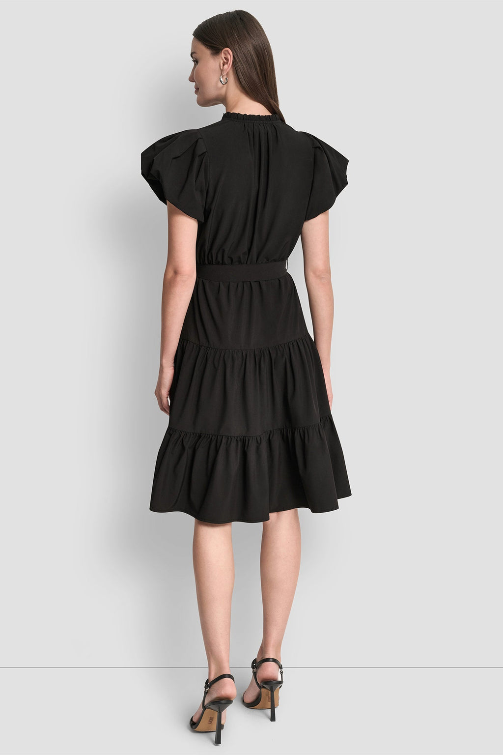 PUFF SLEEVE V-NECK FIT & FLARE DRESS