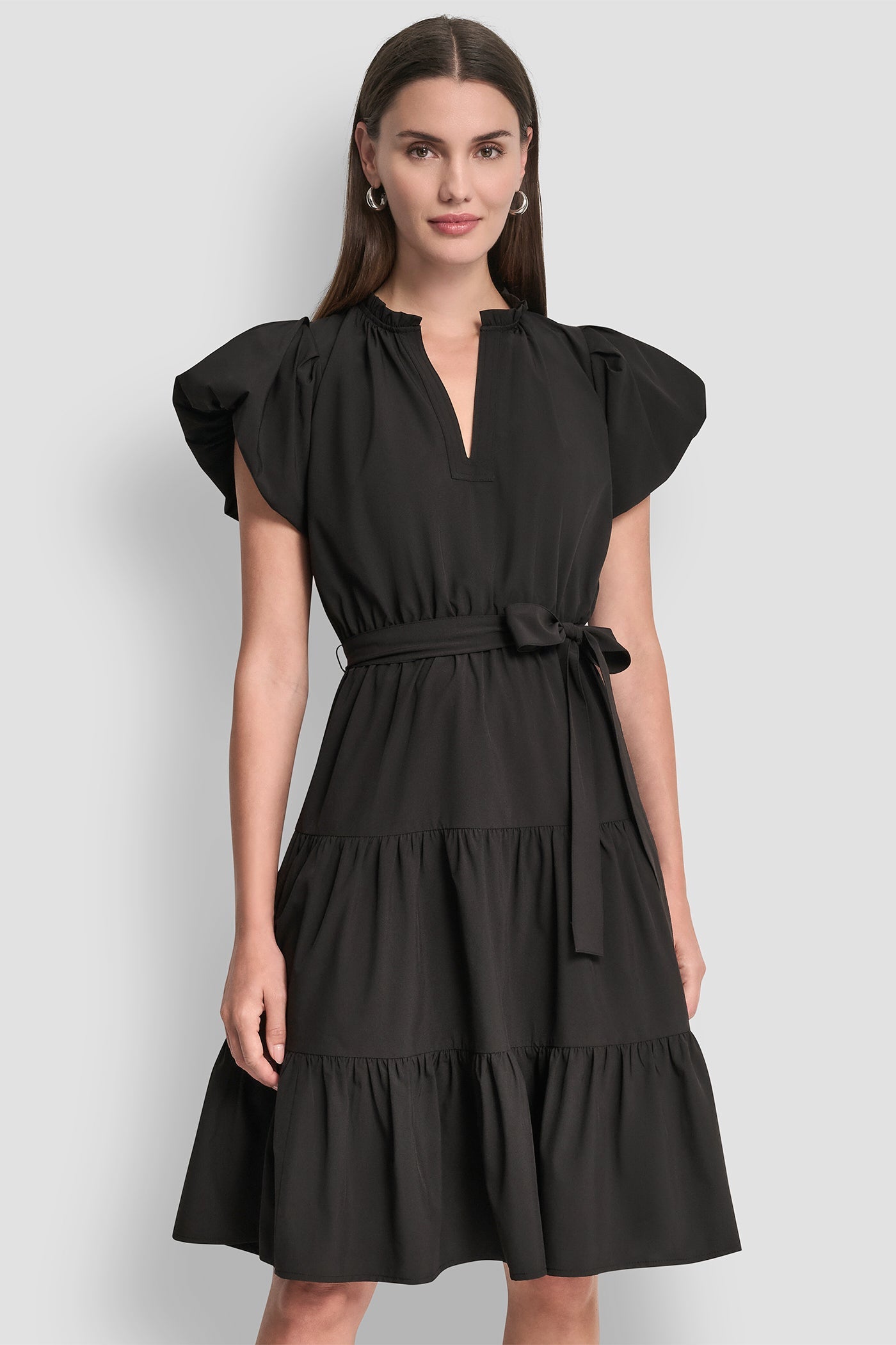 PUFF SLEEVE V-NECK FIT & FLARE DRESS