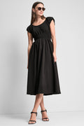 PUFF SLEEVE FIT & FLARE MIDI DRESS