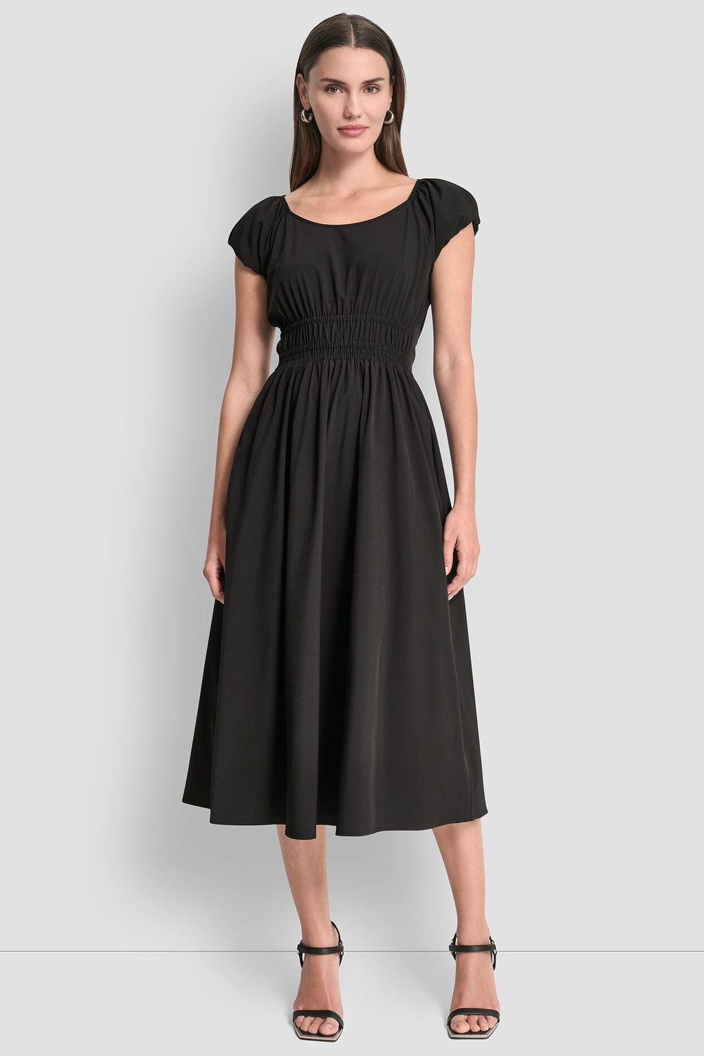 PUFF SLEEVE FIT & FLARE MIDI DRESS