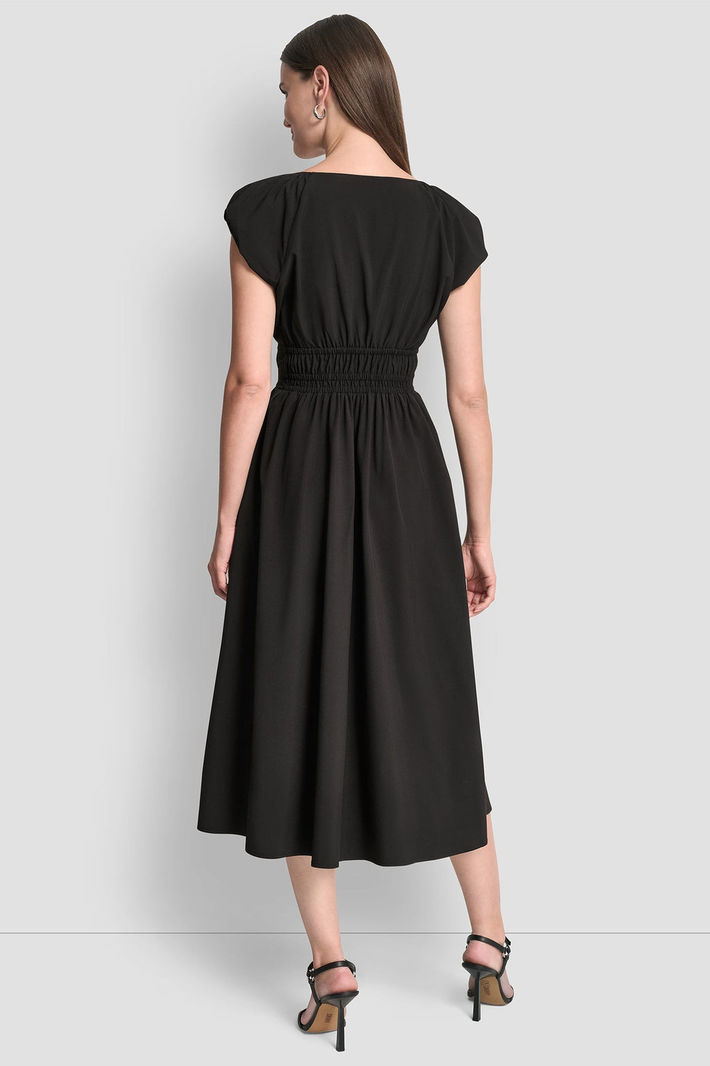PUFF SLEEVE FIT & FLARE MIDI DRESS