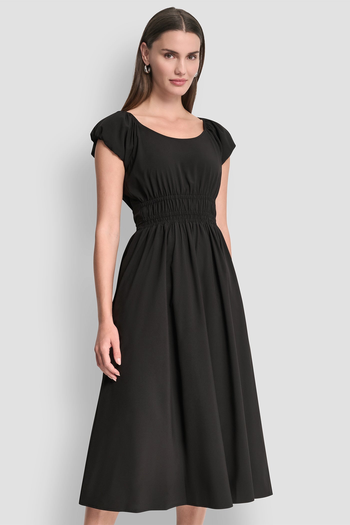 PUFF SLEEVE FIT & FLARE MIDI DRESS