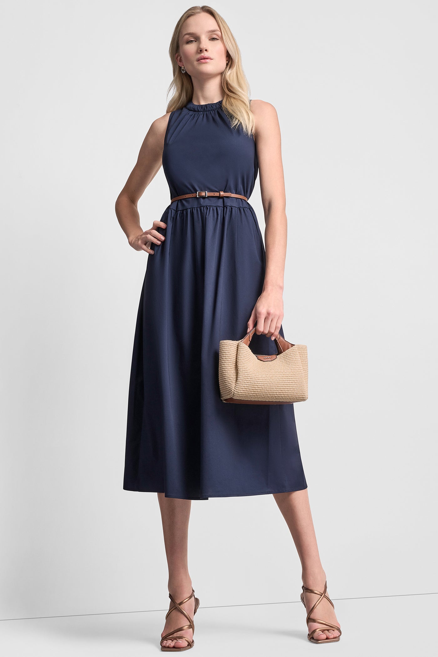 SLEEVELESS GATHERED MIDI A-LINE DRESS