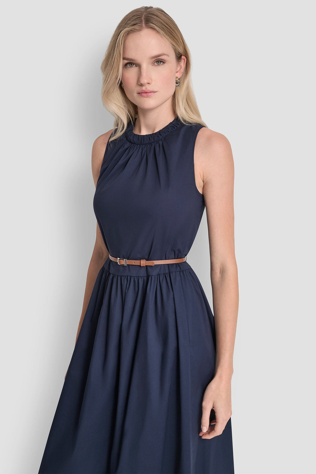 SLEEVELESS GATHERED MIDI A-LINE DRESS