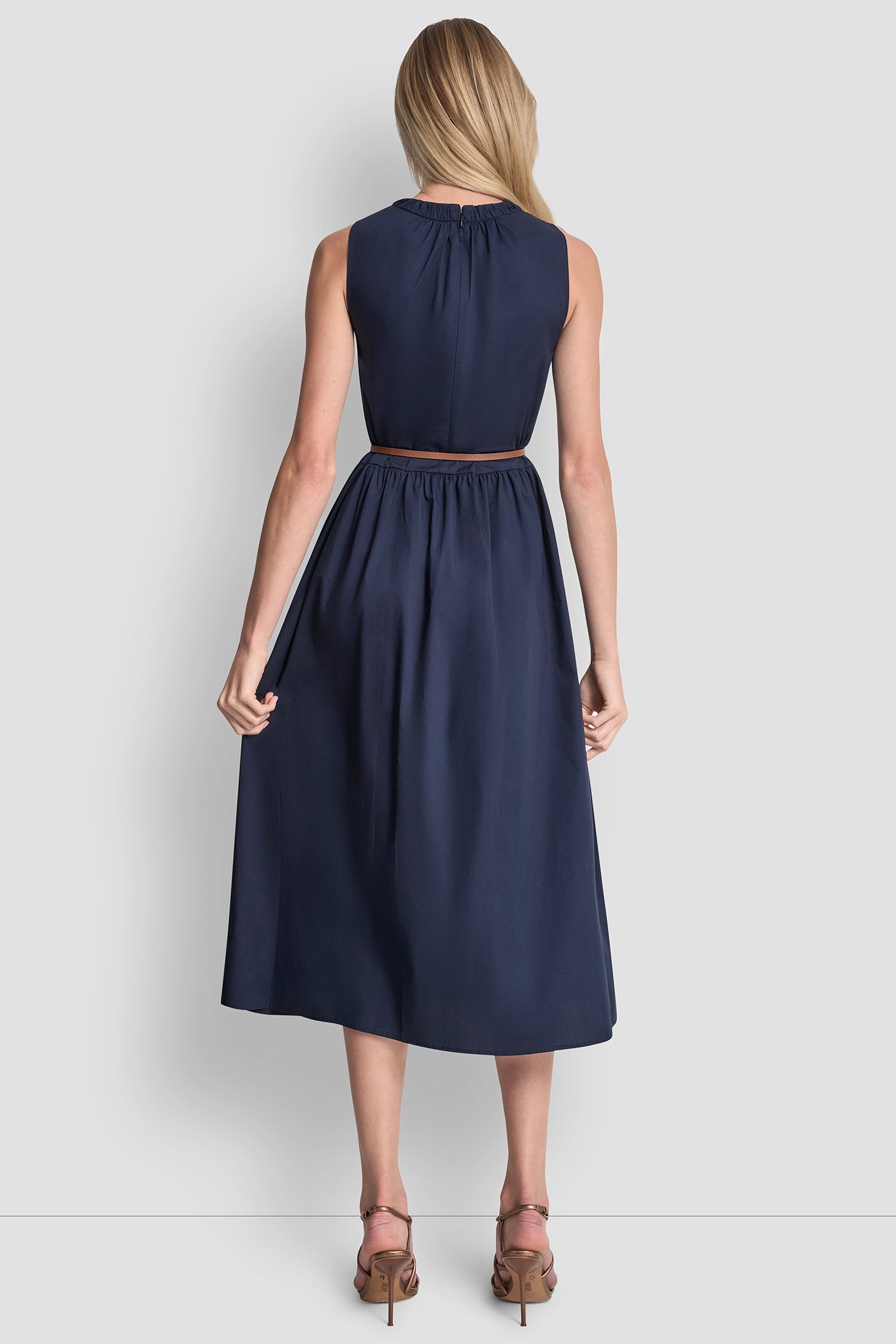 SLEEVELESS GATHERED MIDI A-LINE DRESS