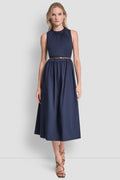 SLEEVELESS GATHERED MIDI A-LINE DRESS