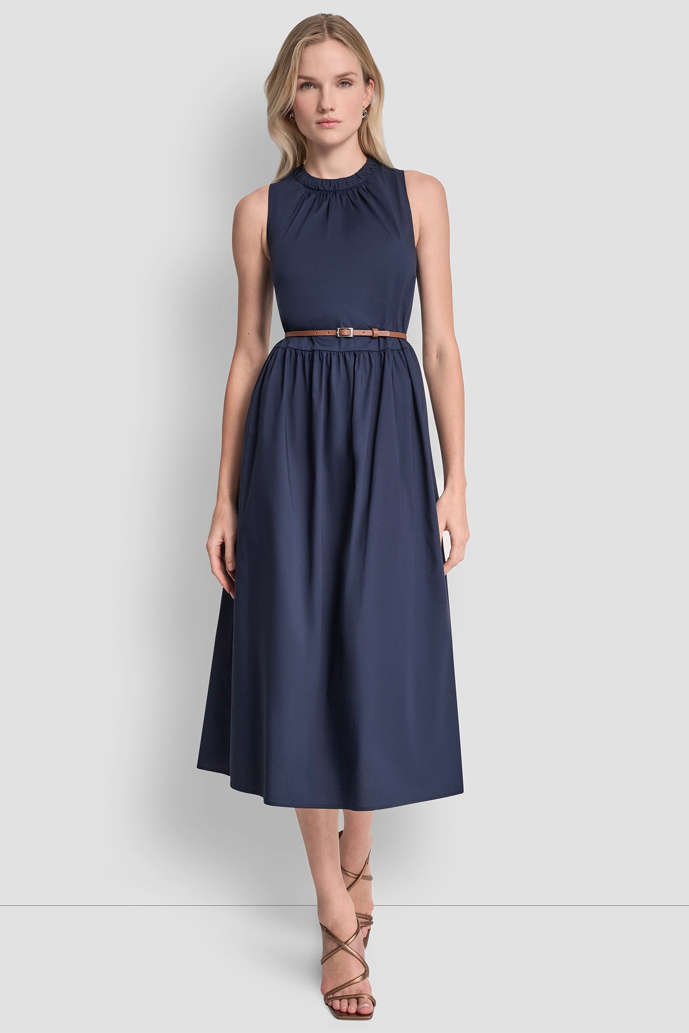 SLEEVELESS GATHERED MIDI A-LINE DRESS