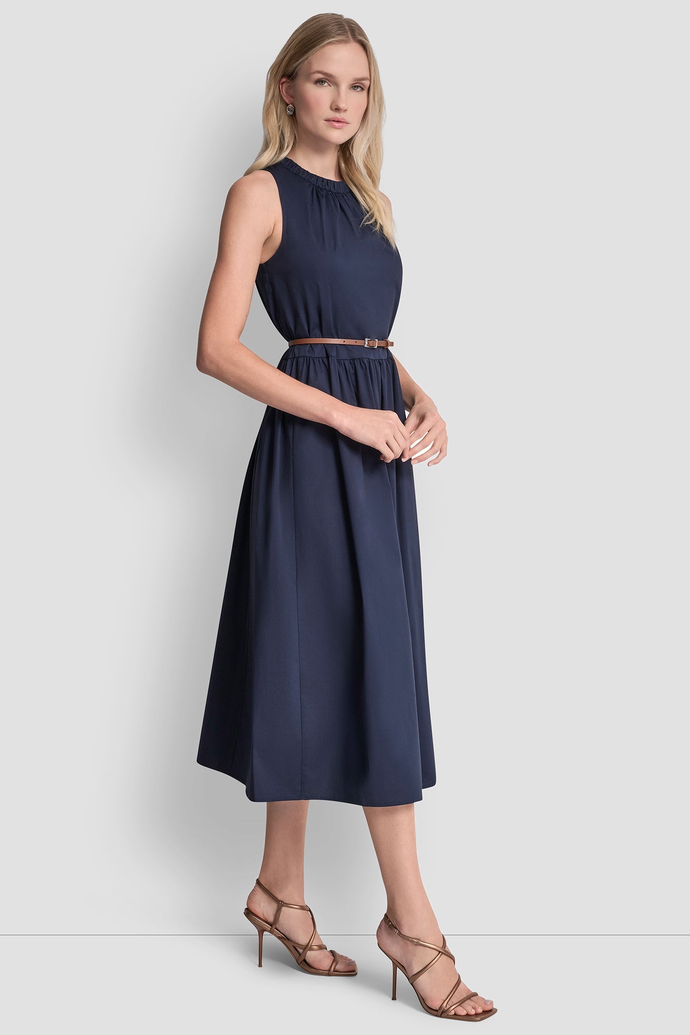 SLEEVELESS GATHERED MIDI A-LINE DRESS