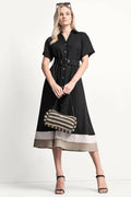 COLOR-BLOCK FIT & FLARE MIDI SHIRT DRESS