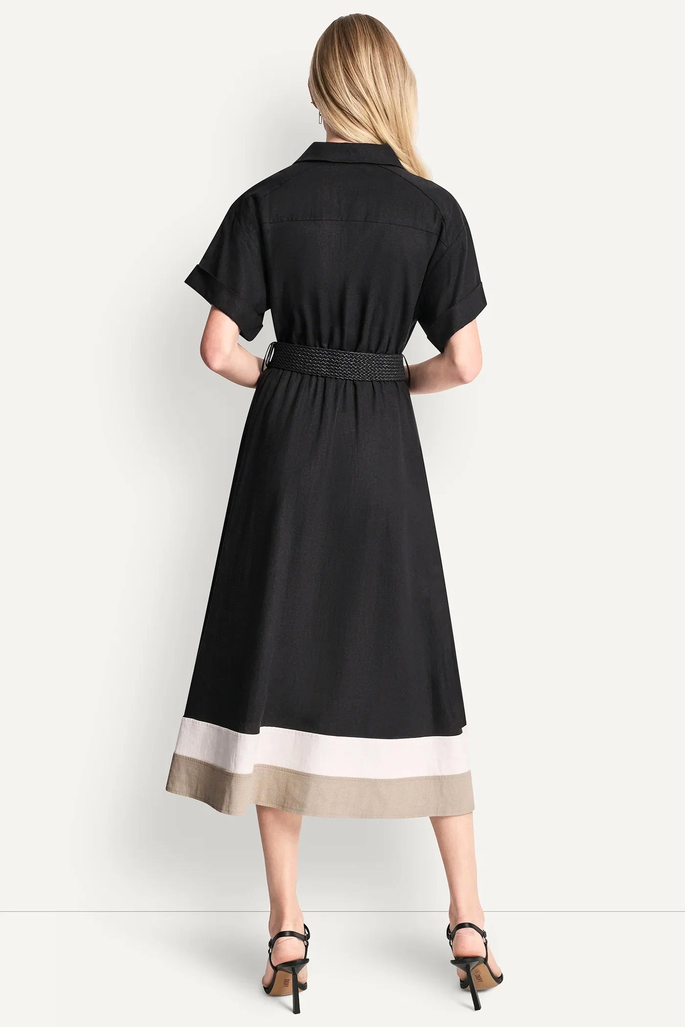 COLOR-BLOCK FIT & FLARE MIDI SHIRT DRESS