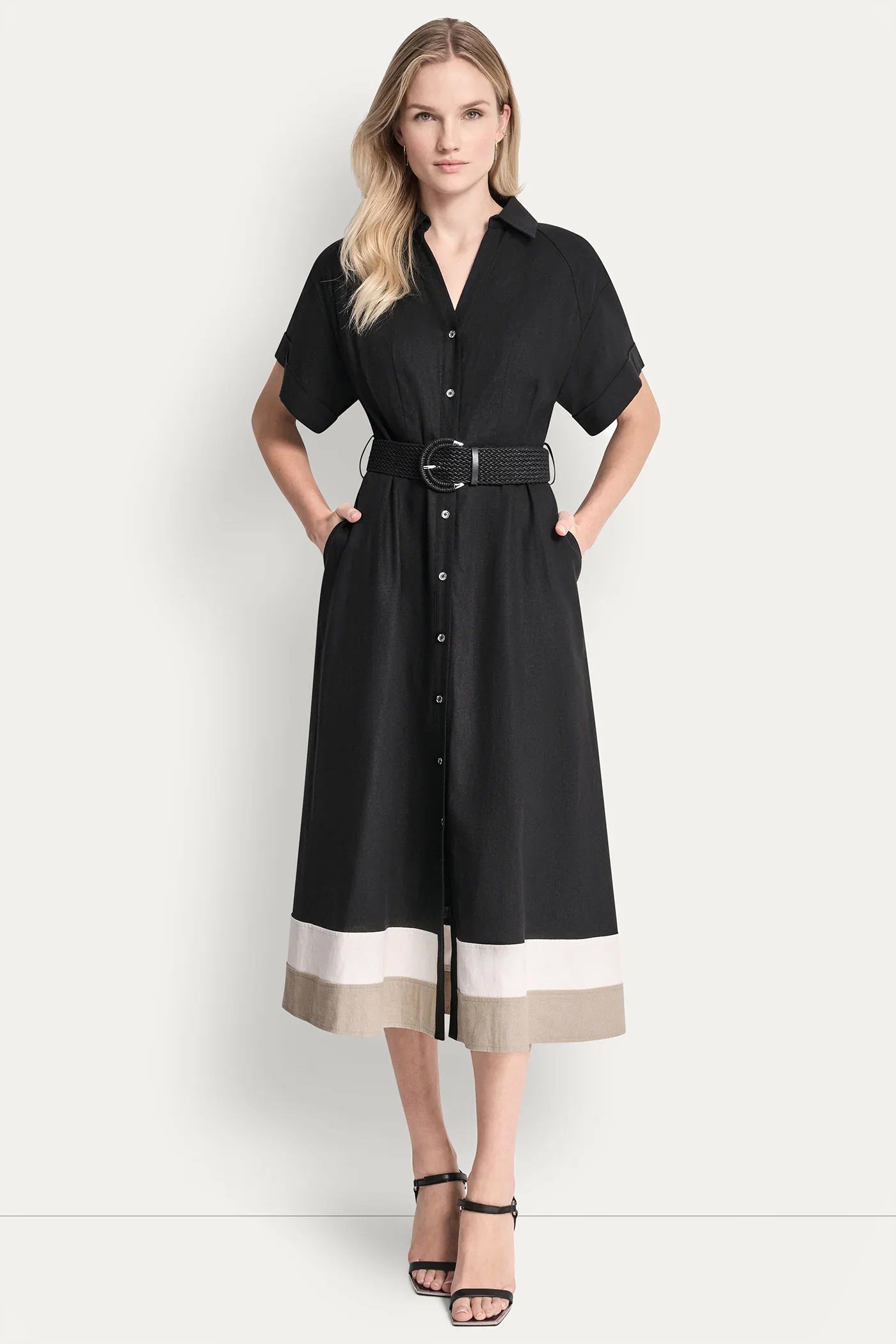 COLOR-BLOCK FIT & FLARE MIDI SHIRT DRESS