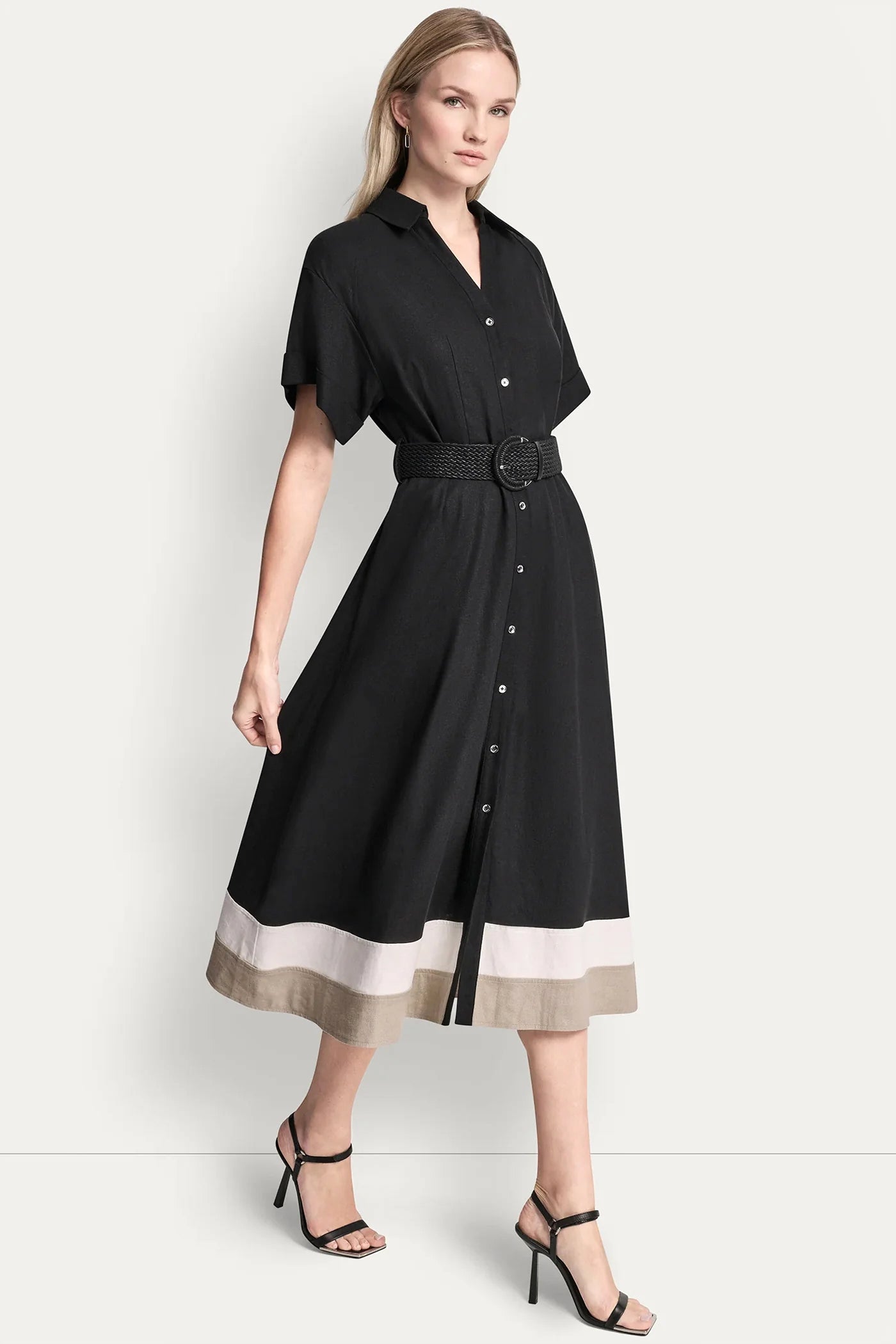 COLOR-BLOCK FIT & FLARE MIDI SHIRT DRESS