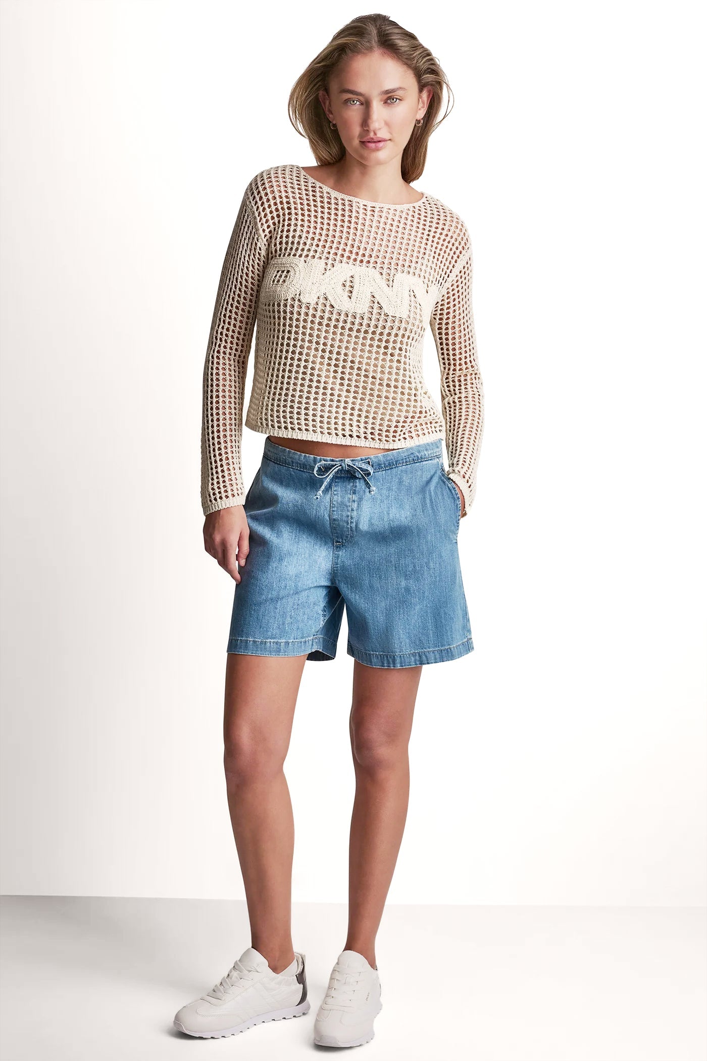 CROCHET OPEN-STITCH LOGO SWEATER