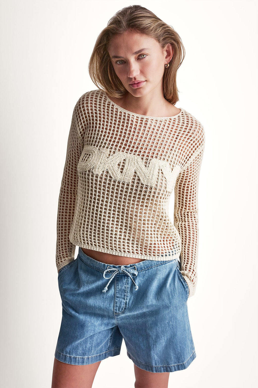 CROCHET OPEN-STITCH LOGO SWEATER