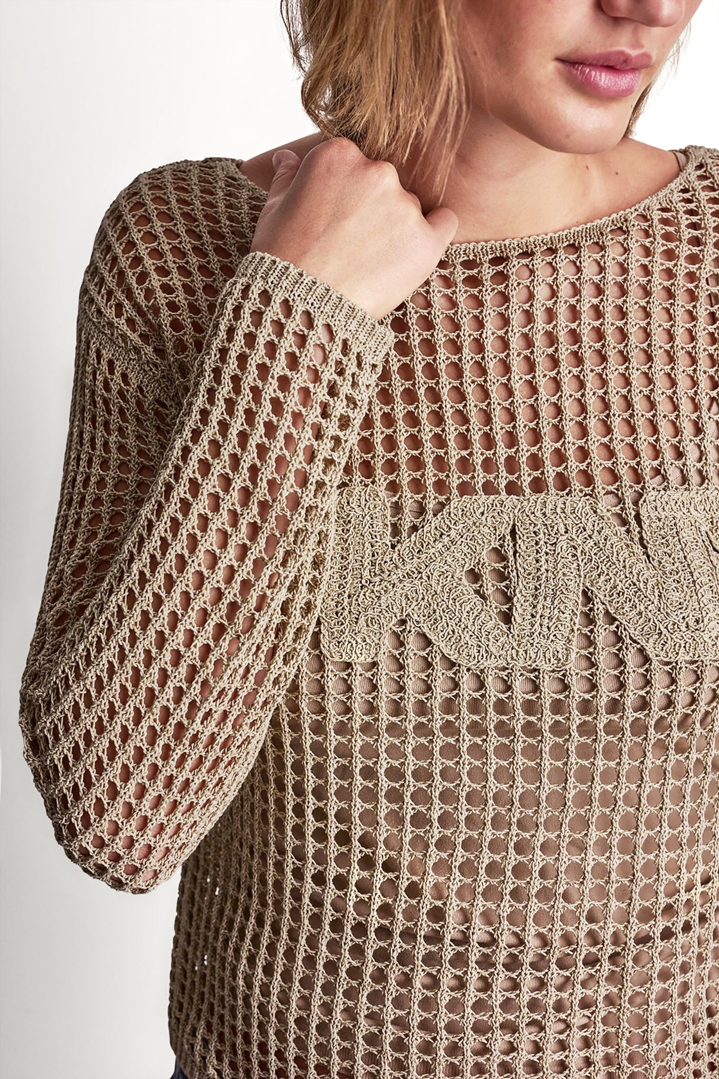 CROCHET OPEN-STITCH LOGO SWEATER