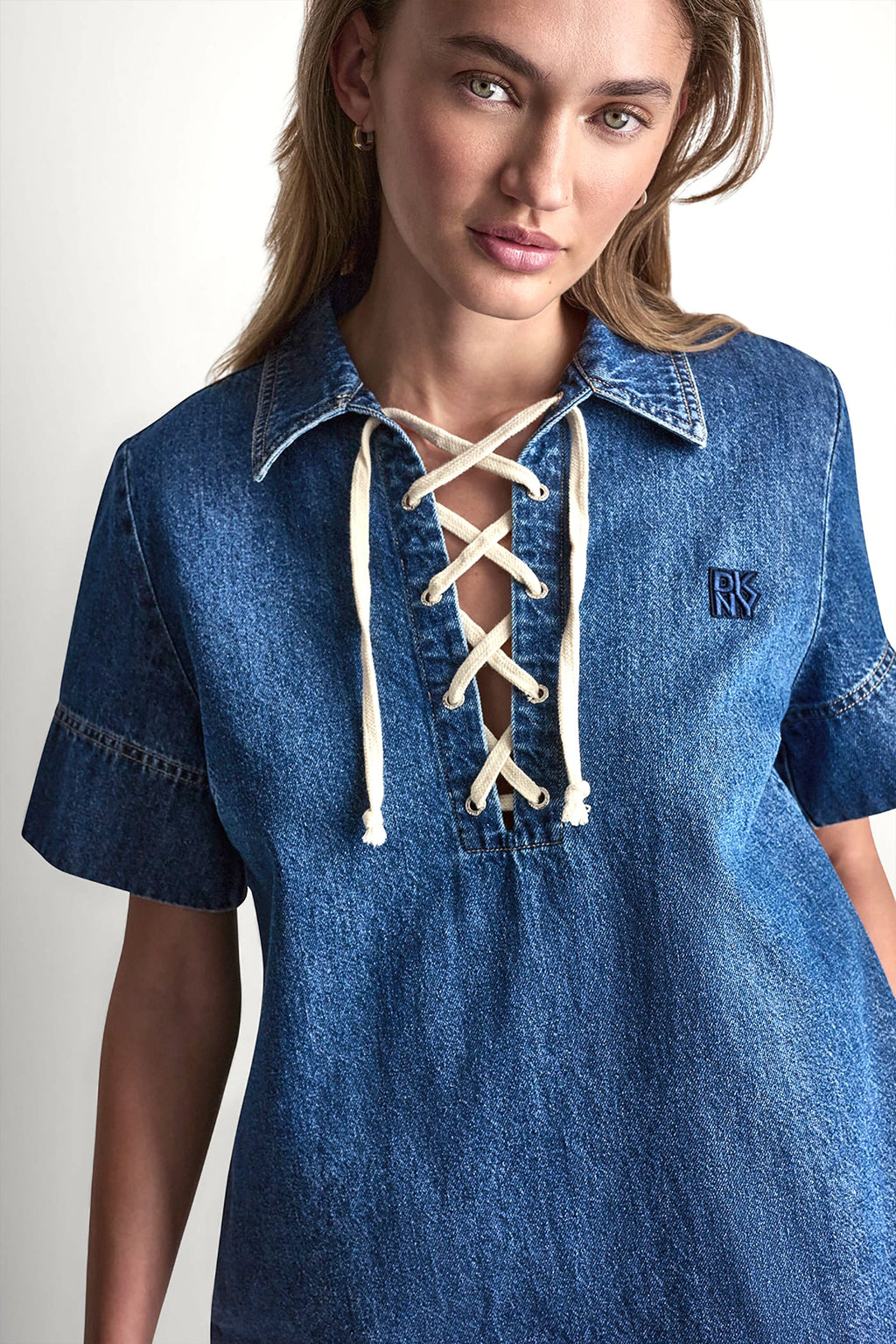 LACE UP DENIM SHIFT DRESS