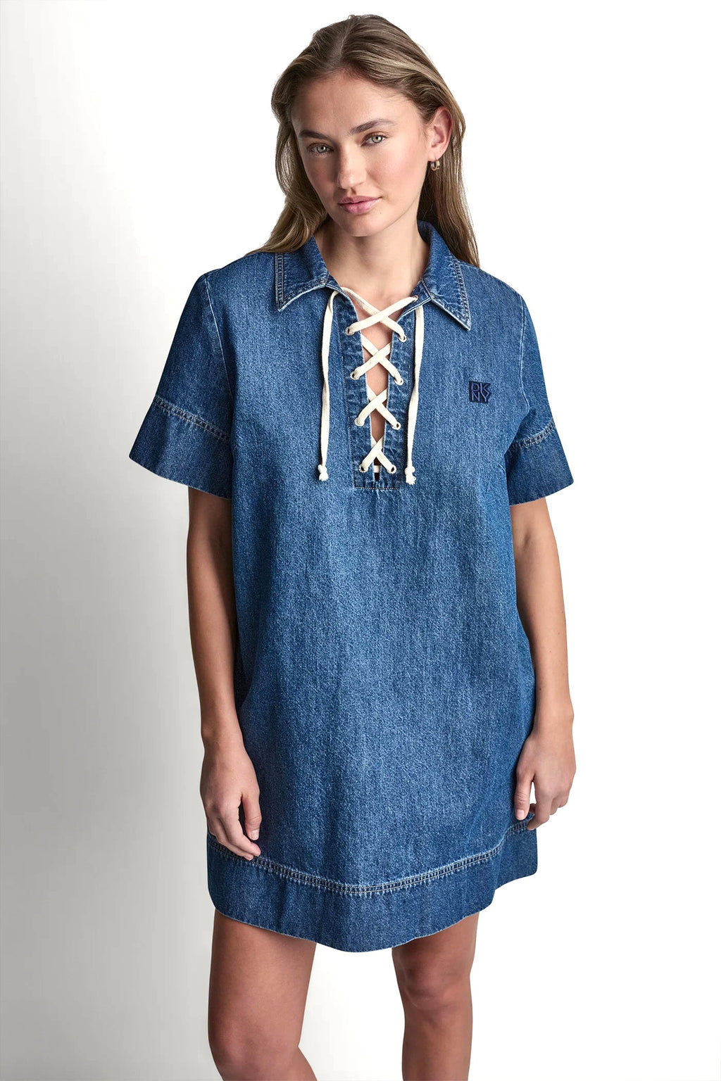 LACE UP DENIM SHIFT DRESS