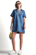 LACE UP DENIM SHIFT DRESS