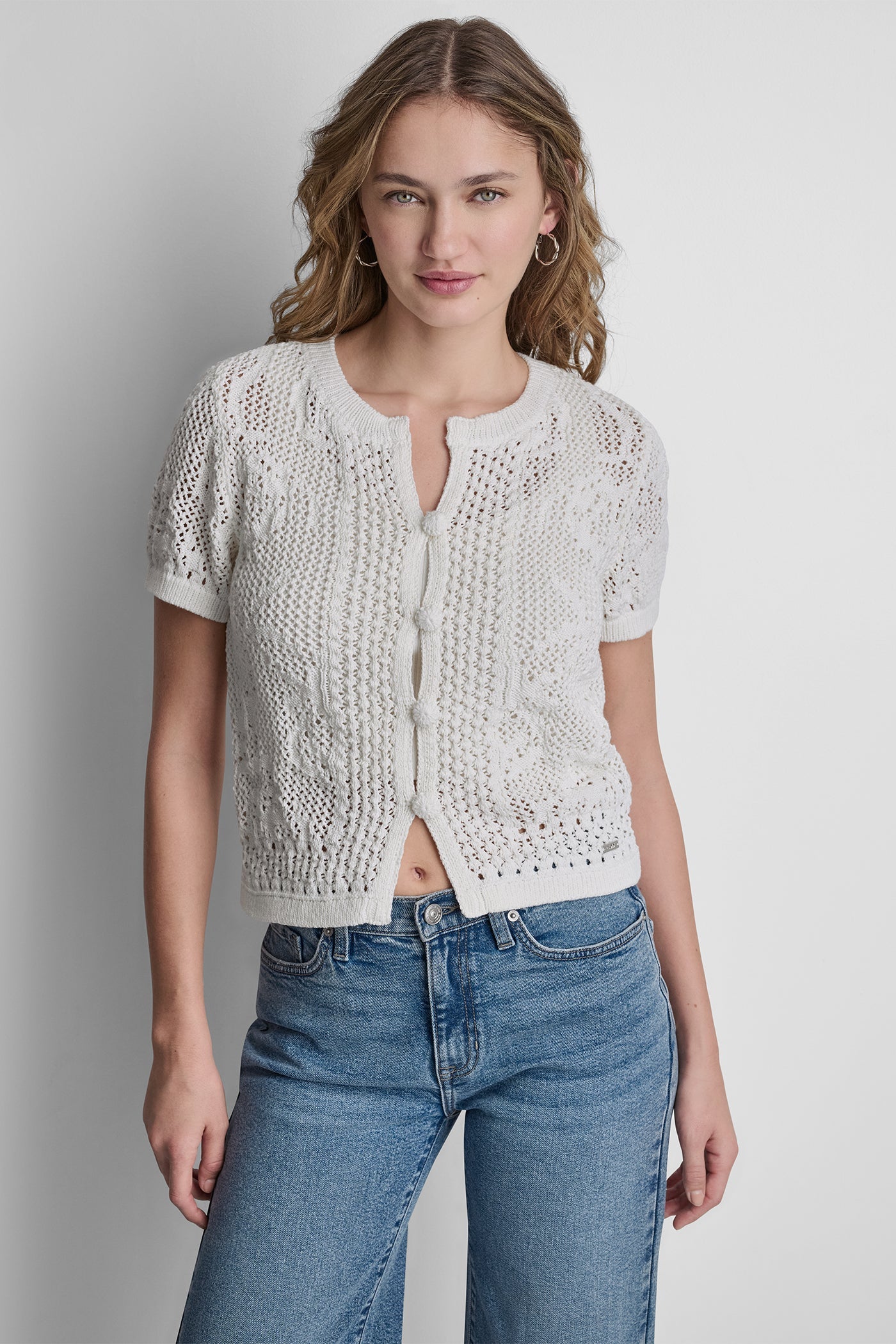 LACE STITCH BUTTON FRONT CARDIGAN