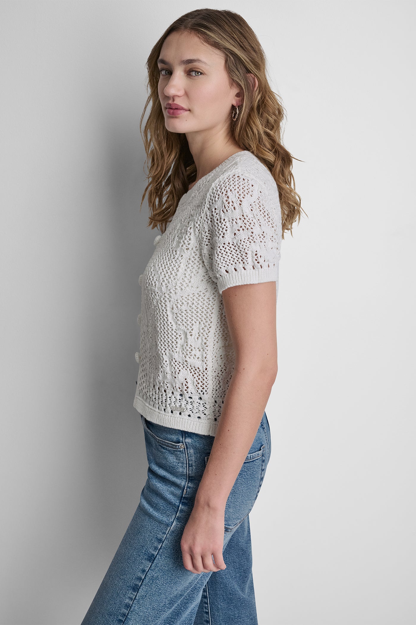LACE STITCH BUTTON FRONT CARDIGAN