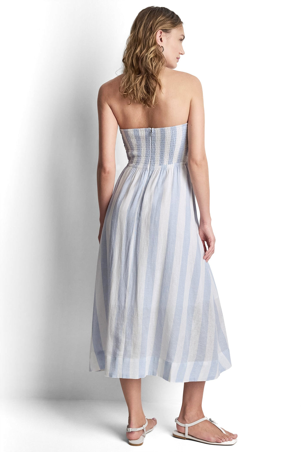LINEN-BLEND STRAPLESS STRIPE DRESS
