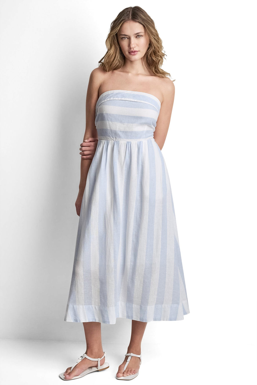 LINEN-BLEND STRAPLESS STRIPE DRESS