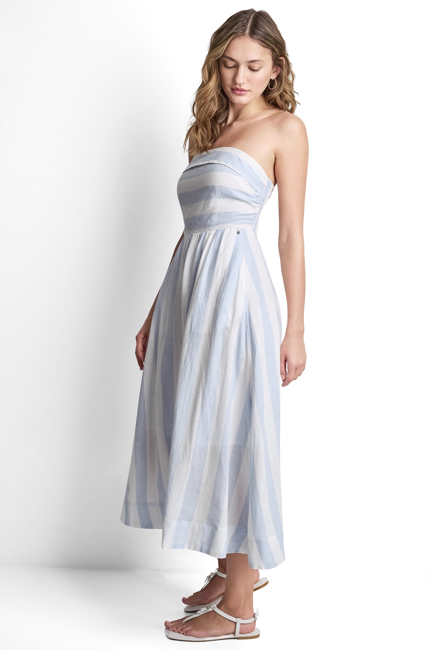 LINEN-BLEND STRAPLESS STRIPE DRESS