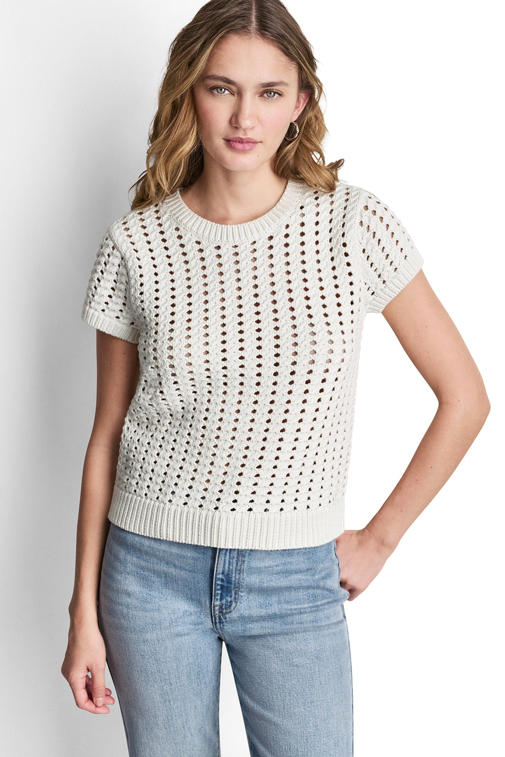 CHUNKY POINTELLE SHORT SLEEVE SWEATER