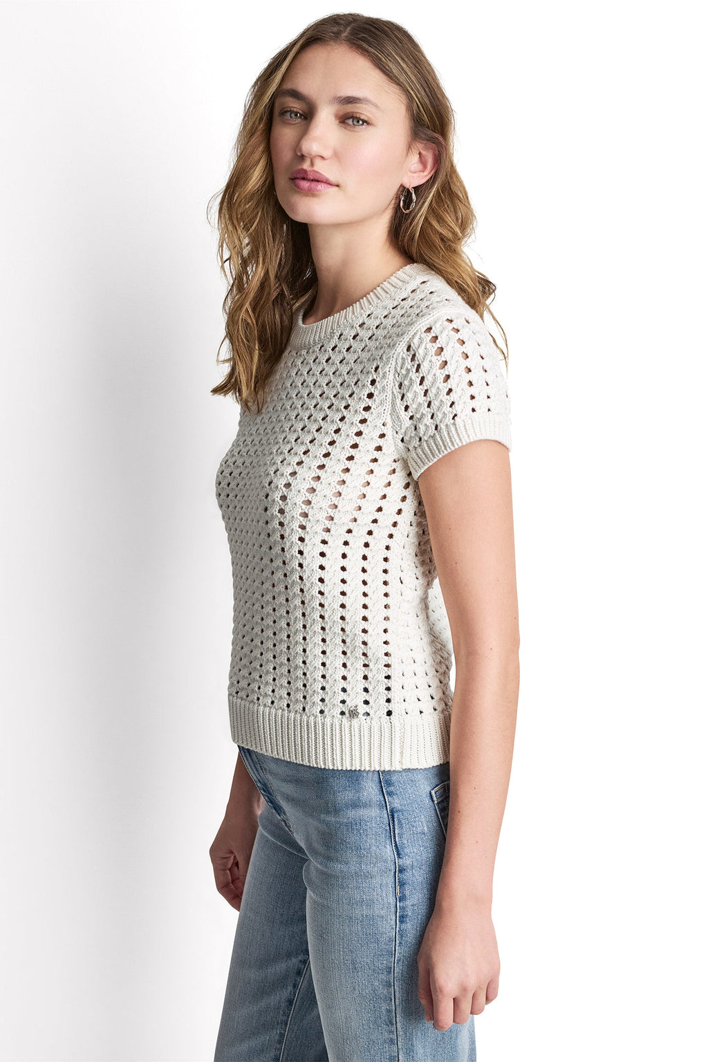 CHUNKY POINTELLE SHORT SLEEVE SWEATER