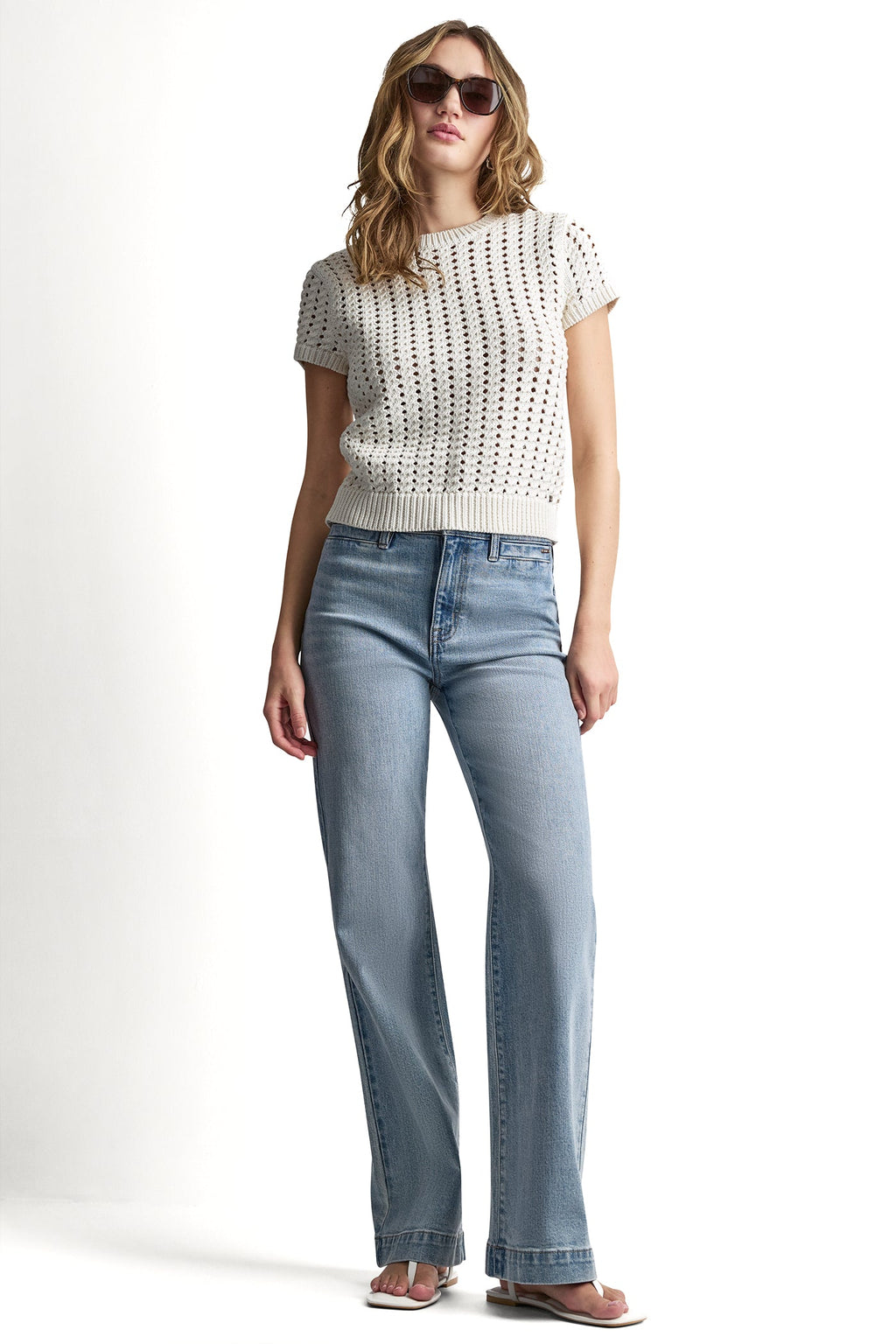 CHUNKY POINTELLE SHORT SLEEVE SWEATER