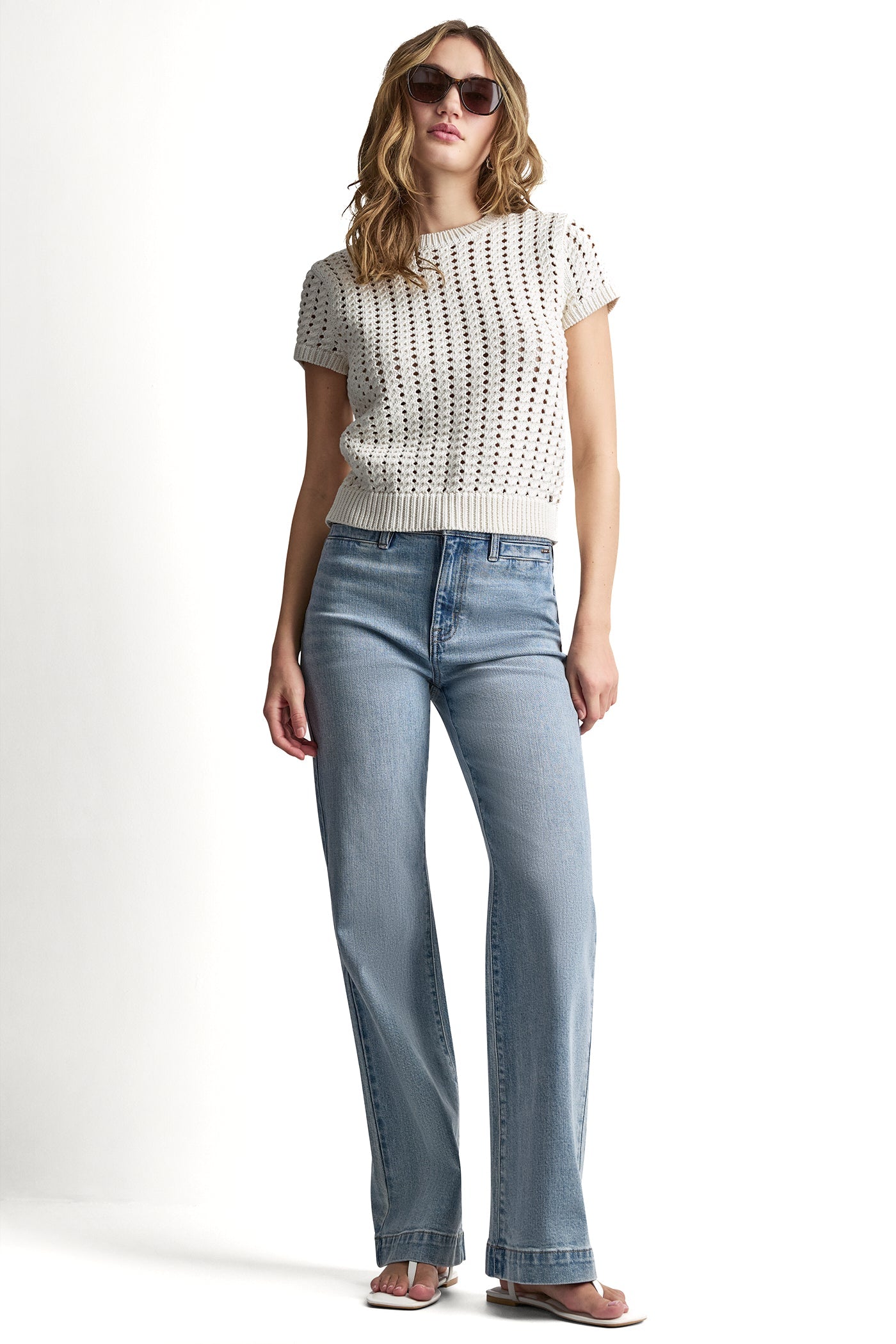 CHUNKY POINTELLE SHORT SLEEVE SWEATER