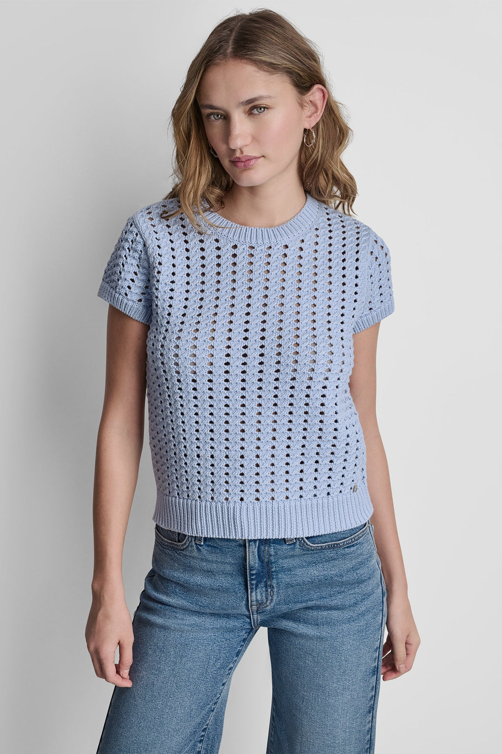 CHUNKY POINTELLE SHORT SLEEVE SWEATER