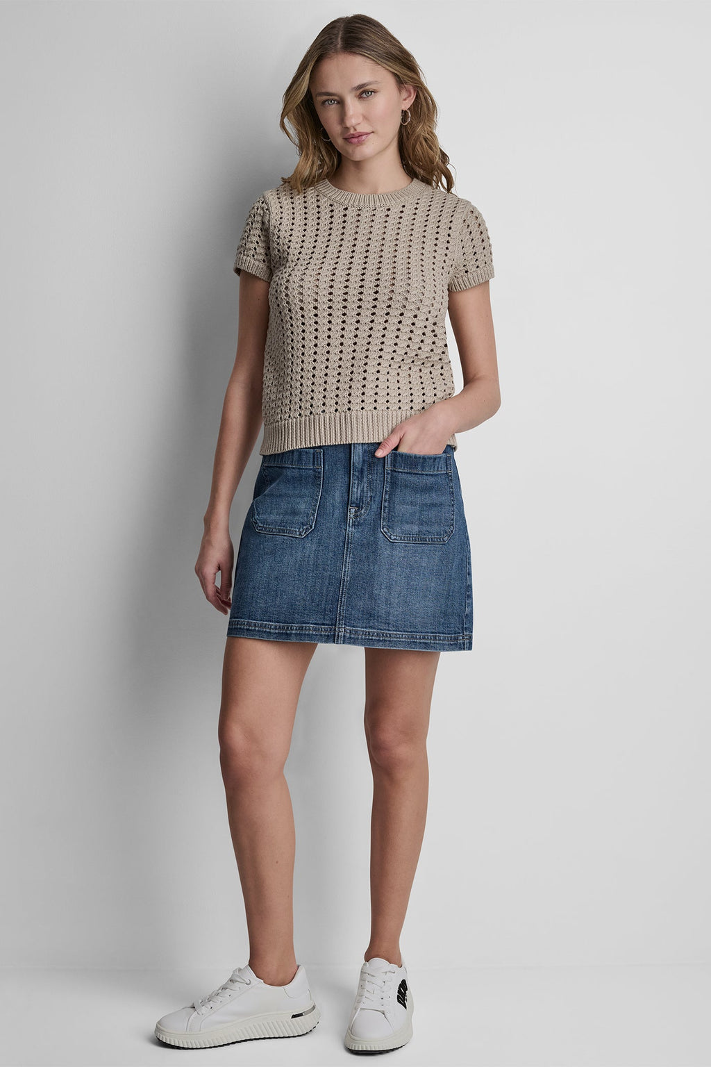 CHUNKY POINTELLE SHORT SLEEVE SWEATER