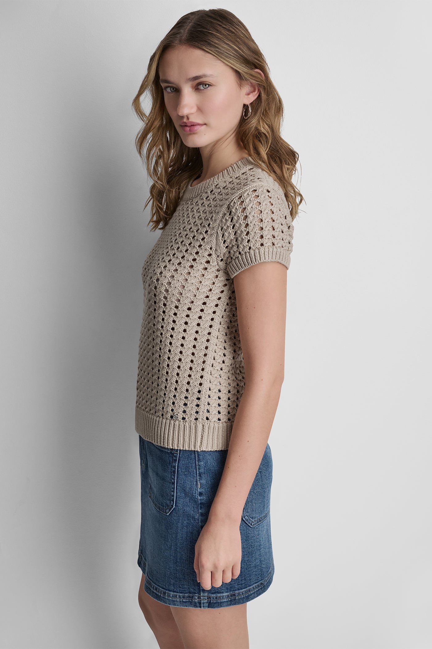 CHUNKY POINTELLE SHORT SLEEVE SWEATER