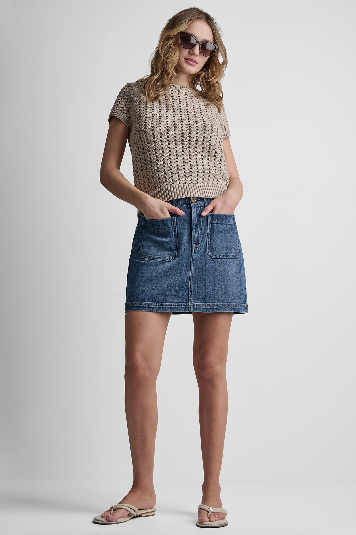 CHUNKY POINTELLE SHORT SLEEVE SWEATER