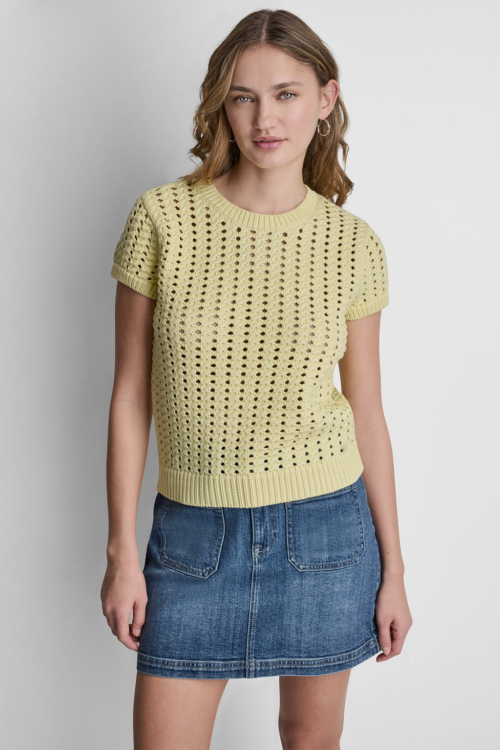 CHUNKY POINTELLE SHORT SLEEVE SWEATER