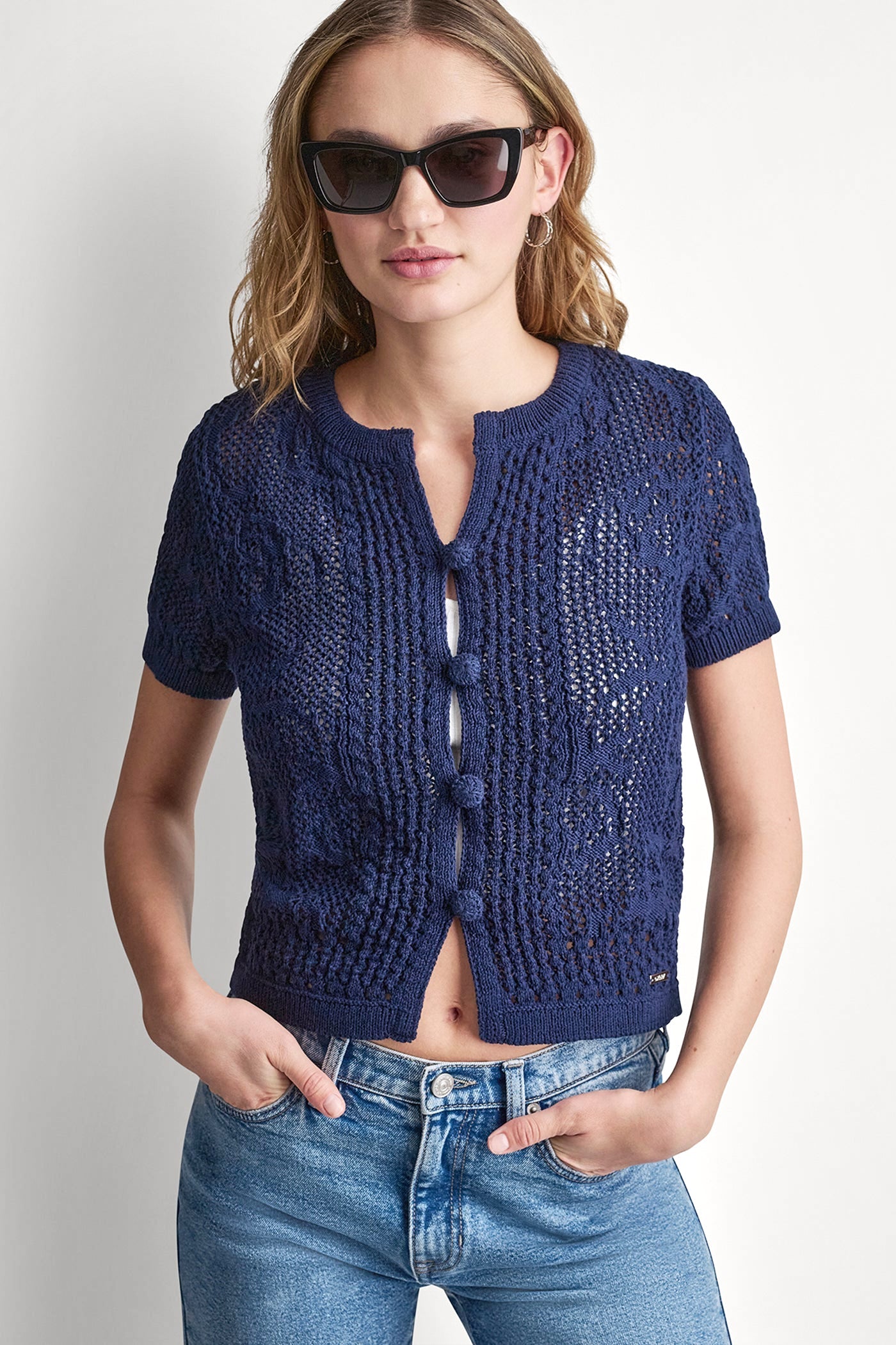 LACE STITCH BUTTON FRONT CARDIGAN