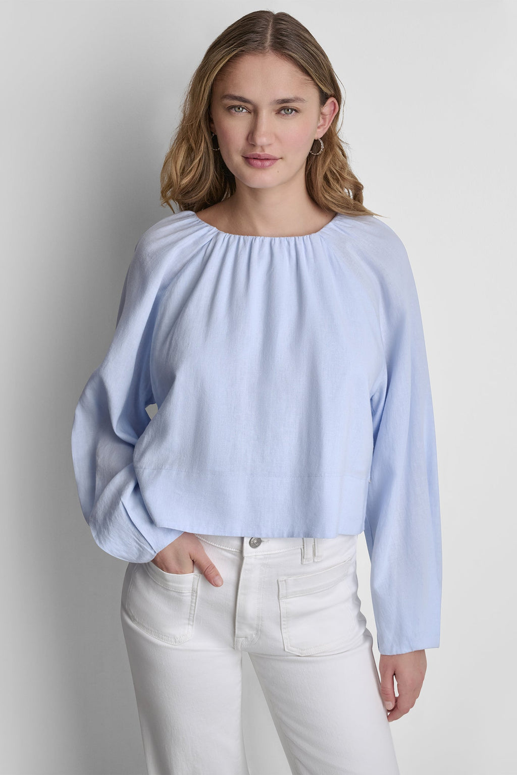 LINEN-BLEND RAGLAN SLEEVE BLOUSE