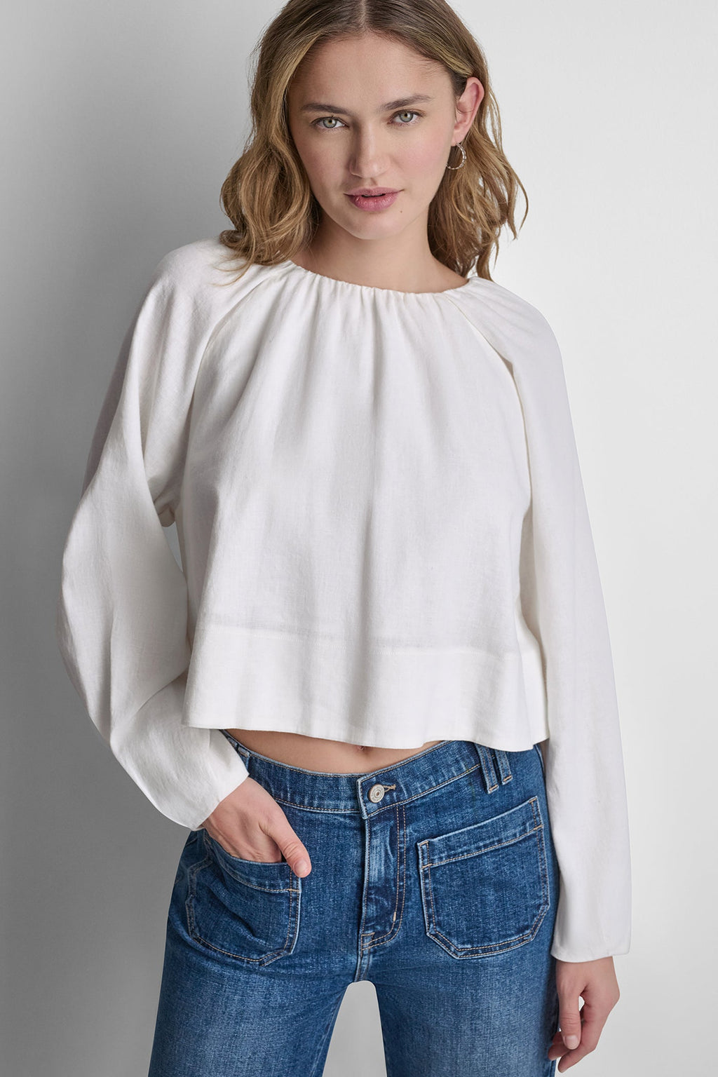 LINEN-BLEND RAGLAN SLEEVE BLOUSE